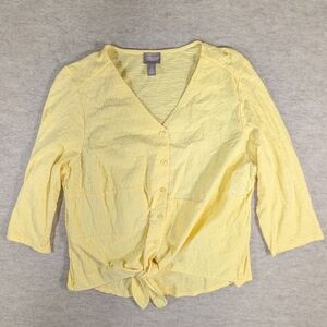Spring Cotton Woven Eyelet Chico's Butter Yellow Tie Front Button Down Size 3 M